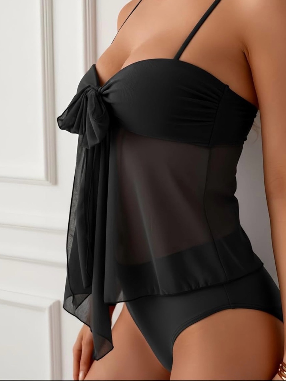 NWOT B2prity Flowy Black Mesh Tankini
Swimsuit 2Pc V-neck Tie Knot Women’s XL - Picture 3 of 8